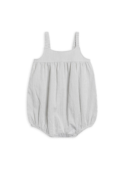 Organic Seersucker Bubble - Mist baby romper on a hanger with delicate ruffles and button details