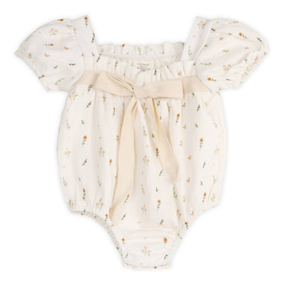 Beautiful Boho Floral Bubble Baby Romper in Natural, made with organic cotton muslin and voile lining 