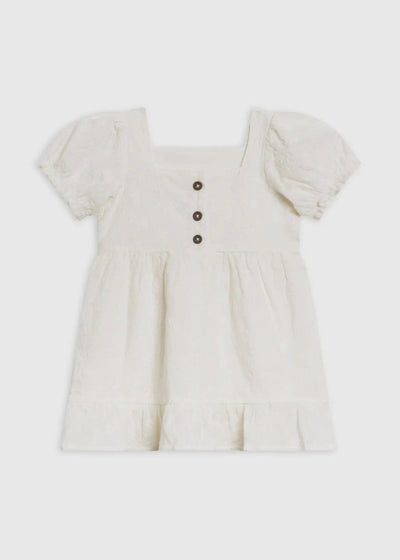 Organic Eyelet Puff Sleeve Dress in Ivory with Floral Embroidery