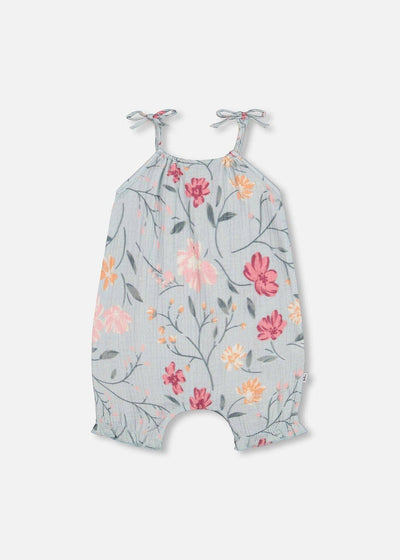 Floral printed muslin romper with ruffle detailing and adjustable straps