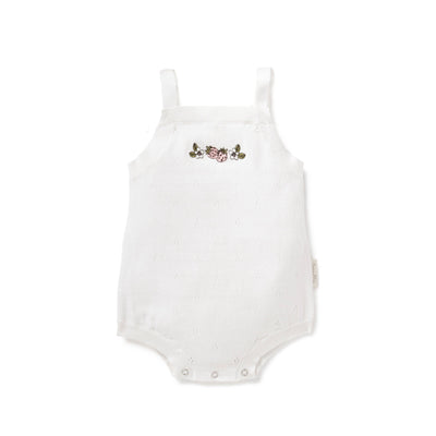 Strawberry Pointelle Knit Romper with delicate lace details and ruffled sleeves