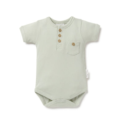 Sage Rib Henley Onesie in soft green color, long-sleeve with button details, perfect for baby's warmth and comfort