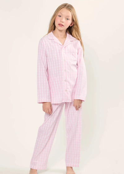 Two-piece pink gingham pajama set for girls with comfortable twill fabric