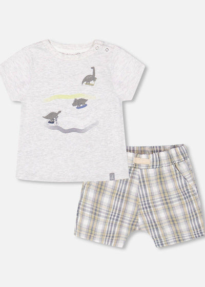Adorable children's outfit featuring a graphic dinosaur tee and plaid shorts