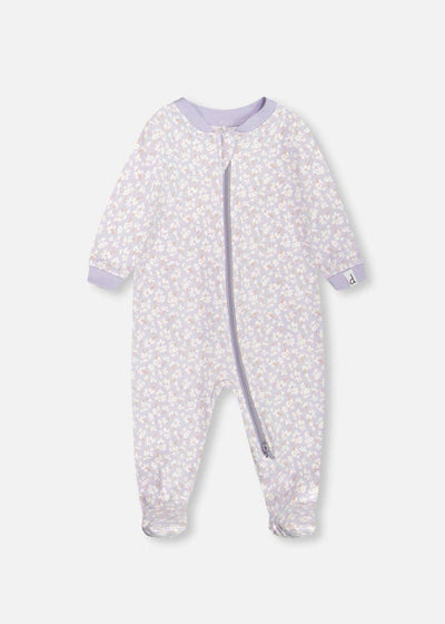 Lilac printed organic cotton pajamas featuring delicate floral pattern and soft, breathable fabric for a comfortable night's sleep