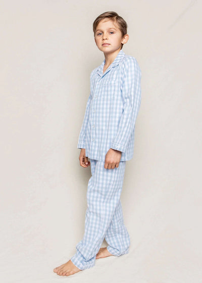 Two-piece pajama set for boys in light blue gingham pattern