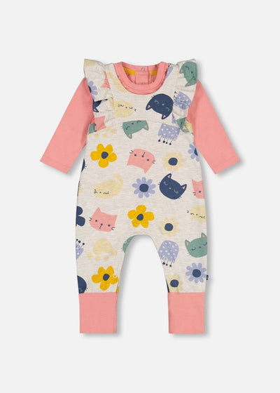 Two-Piece Jersey Cats + Floral Jumpsuit Set with ruffle straps and colorful allover print