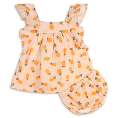 Organic baby girl sundress with adorable ruffle sleeves and smocked back