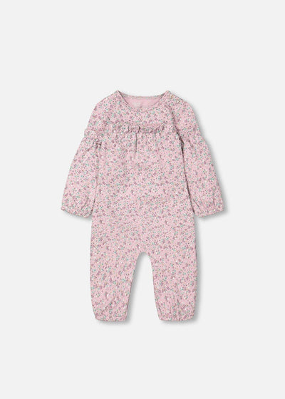 Mauve floral organic cotton jumpsuit with adjustable spaghetti straps and pockets