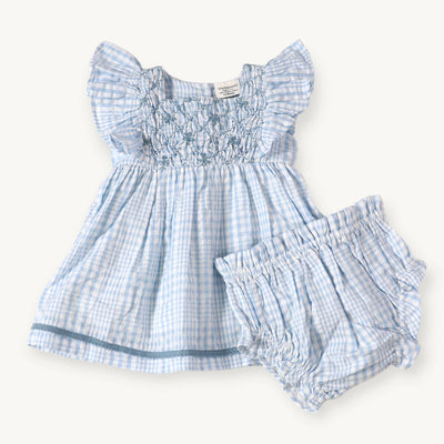 Blue seersucker organic cotton dress and bloomer set for infants 