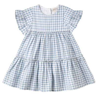 Beautiful Alice Blue Gingham Tiered Dress with ruffled neckline and flared skirt
